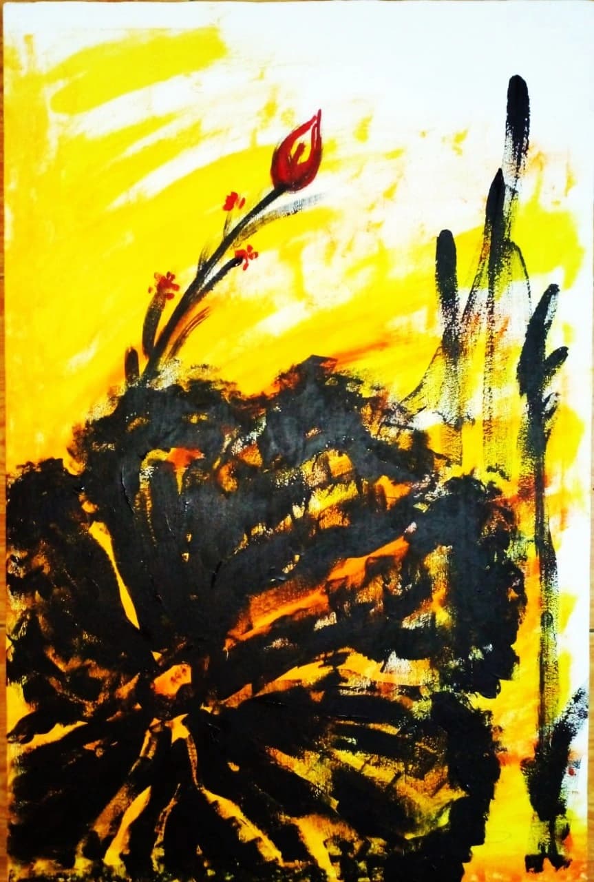 Painting by Vajramunee — flame flower in yellow and black