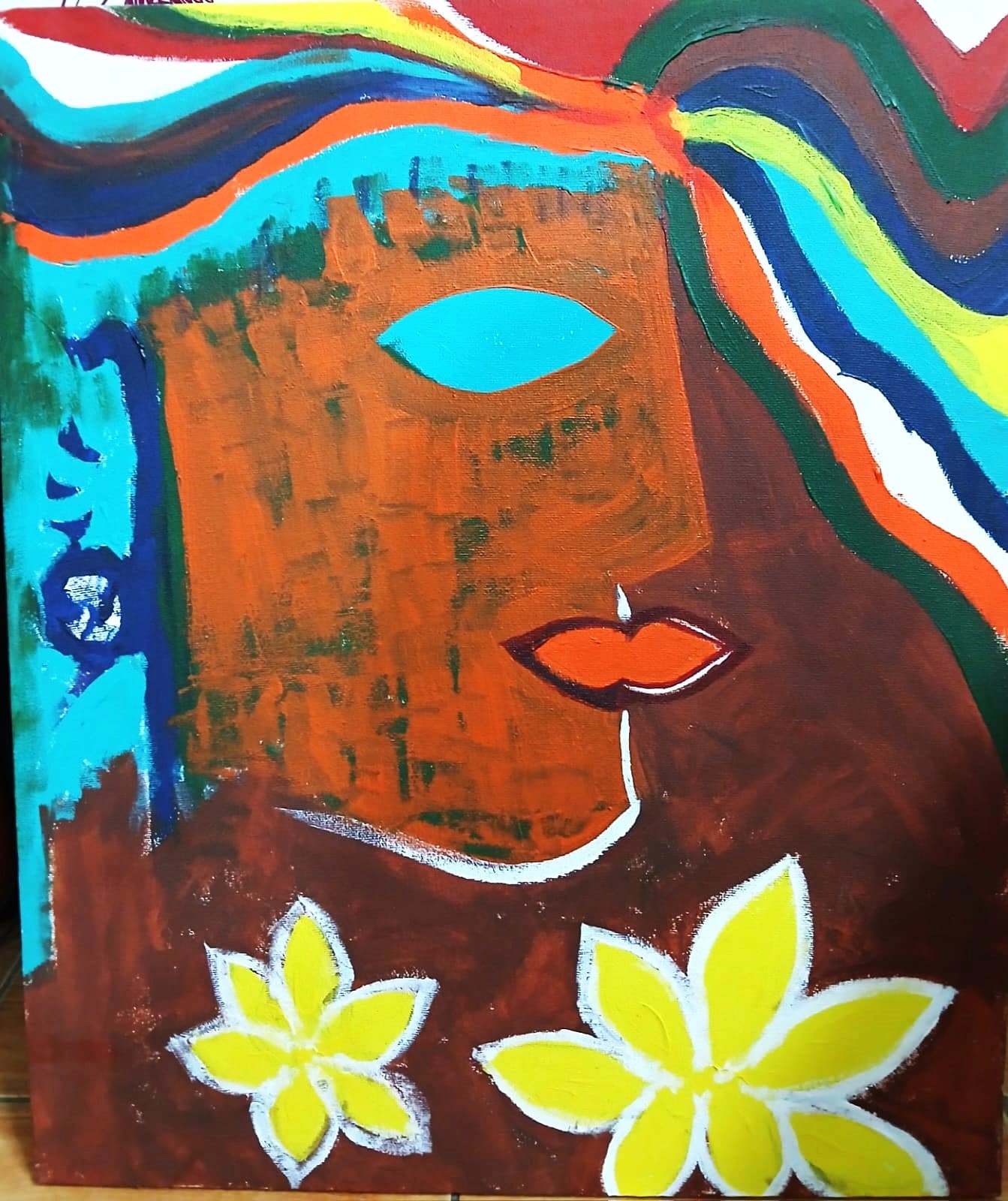 Painting by Vajramunee — face with frangipani flowers