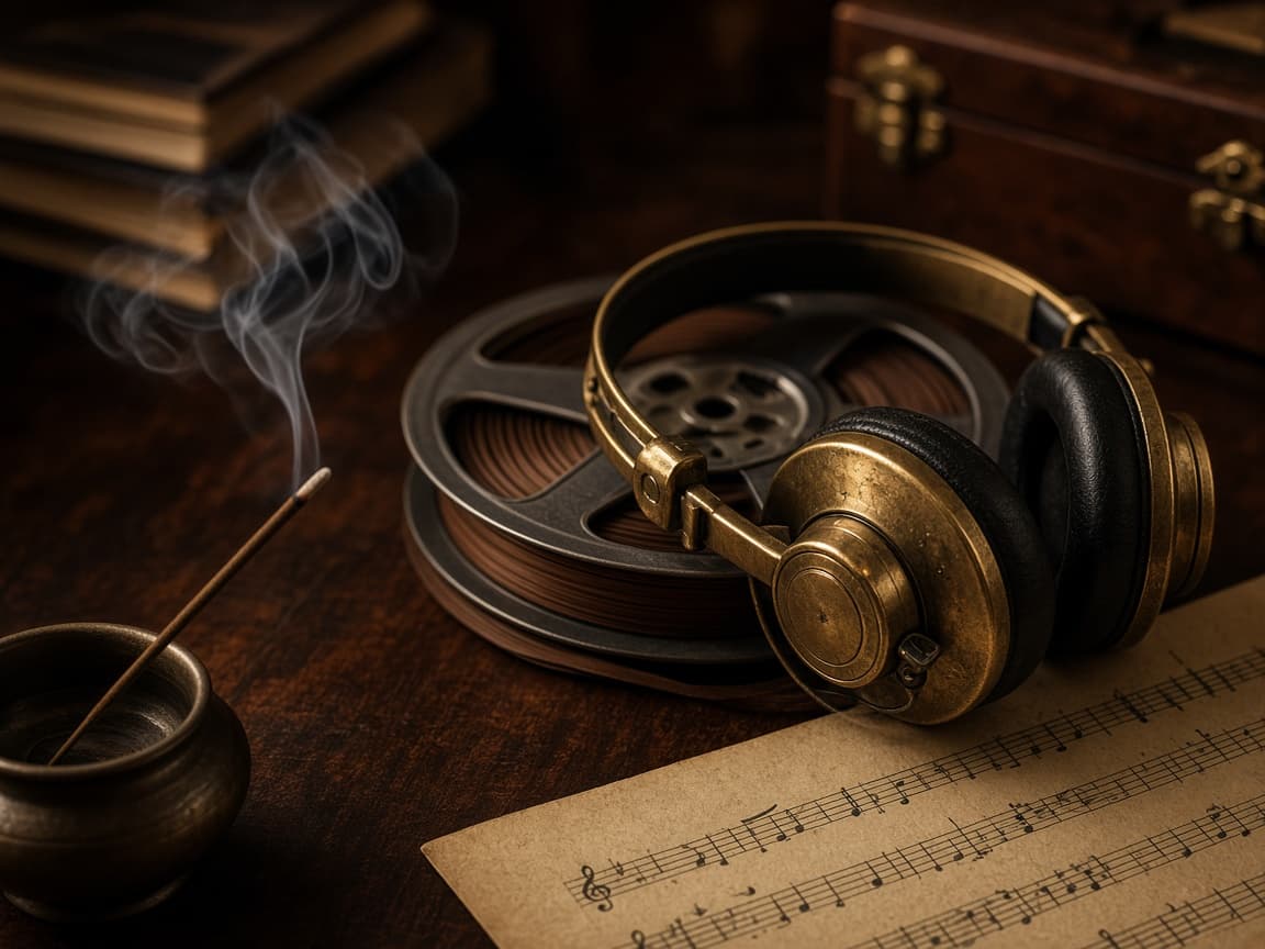 Vintage headphones, reel and incense