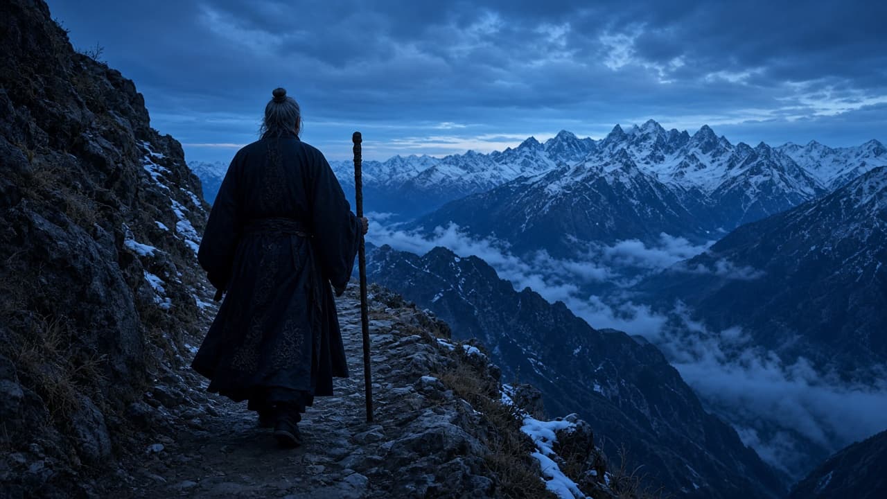 A lone seeker walking a Himalayan ridge at dusk
