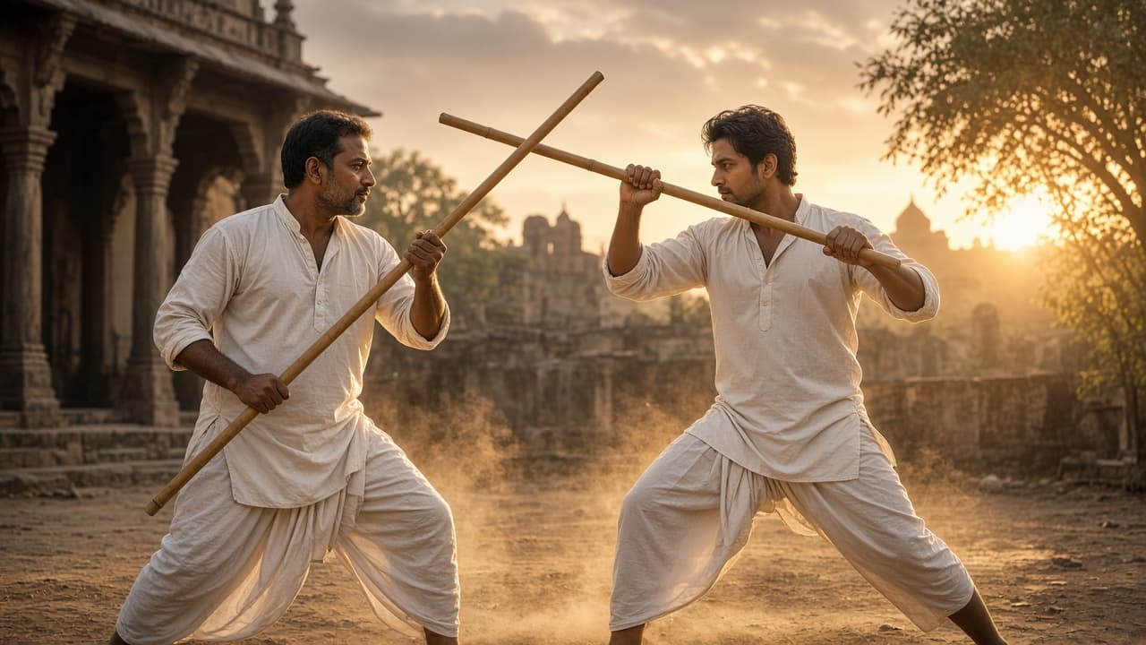 Two martial artists sparring with sticks at sunrise