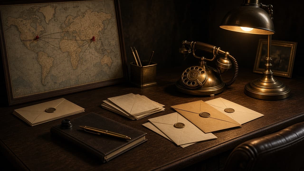 Letters, a map and a vintage telephone on a desk