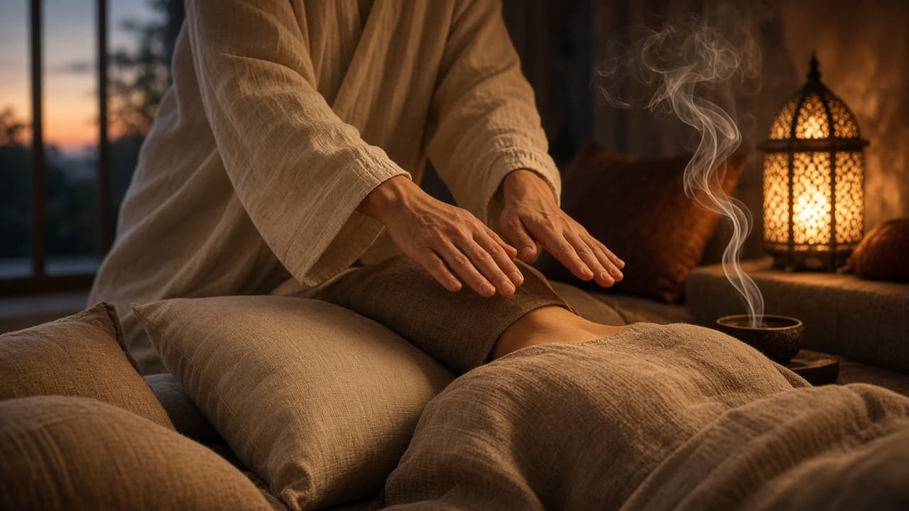 A calm one-on-one healing session by lantern light