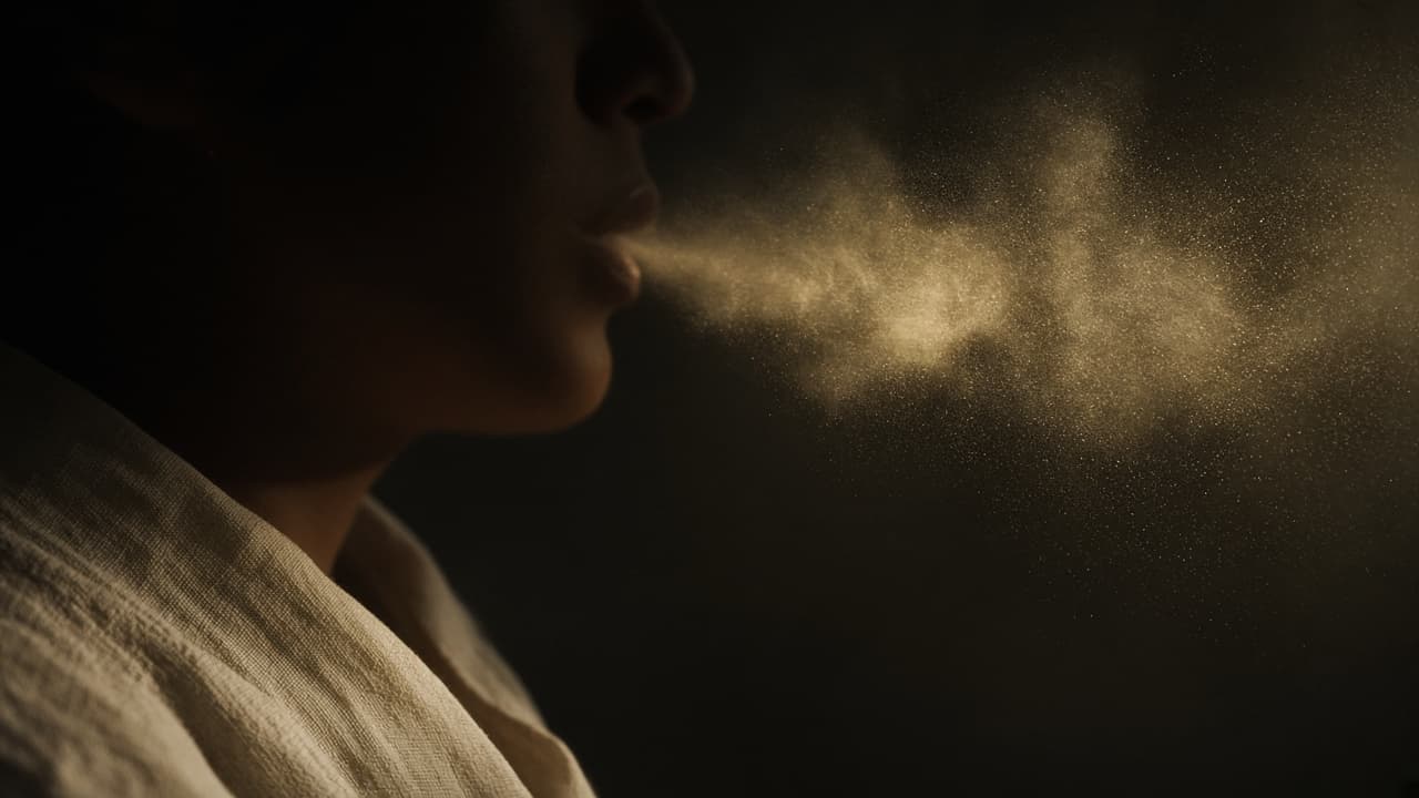 A calm exhale of breath in warm light
