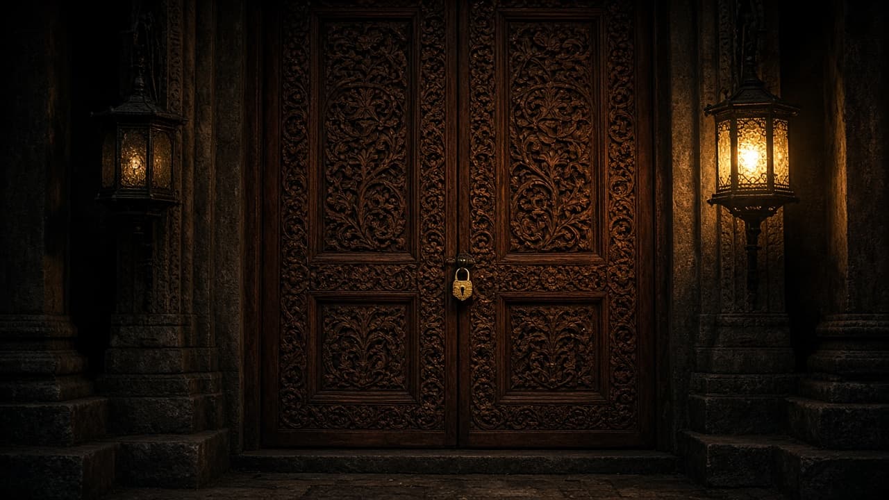 A carved wooden temple door lit by lanterns