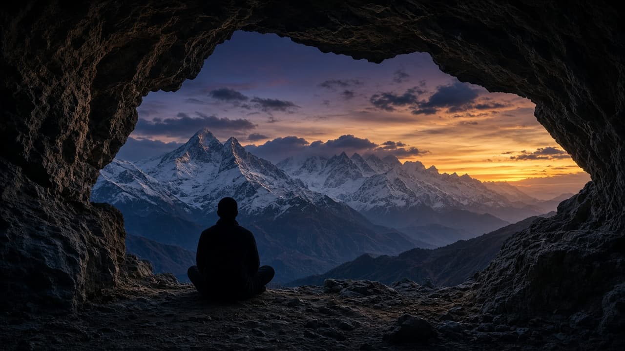 A seeker meditating in a Himalayan cave at dawn — Who am I?