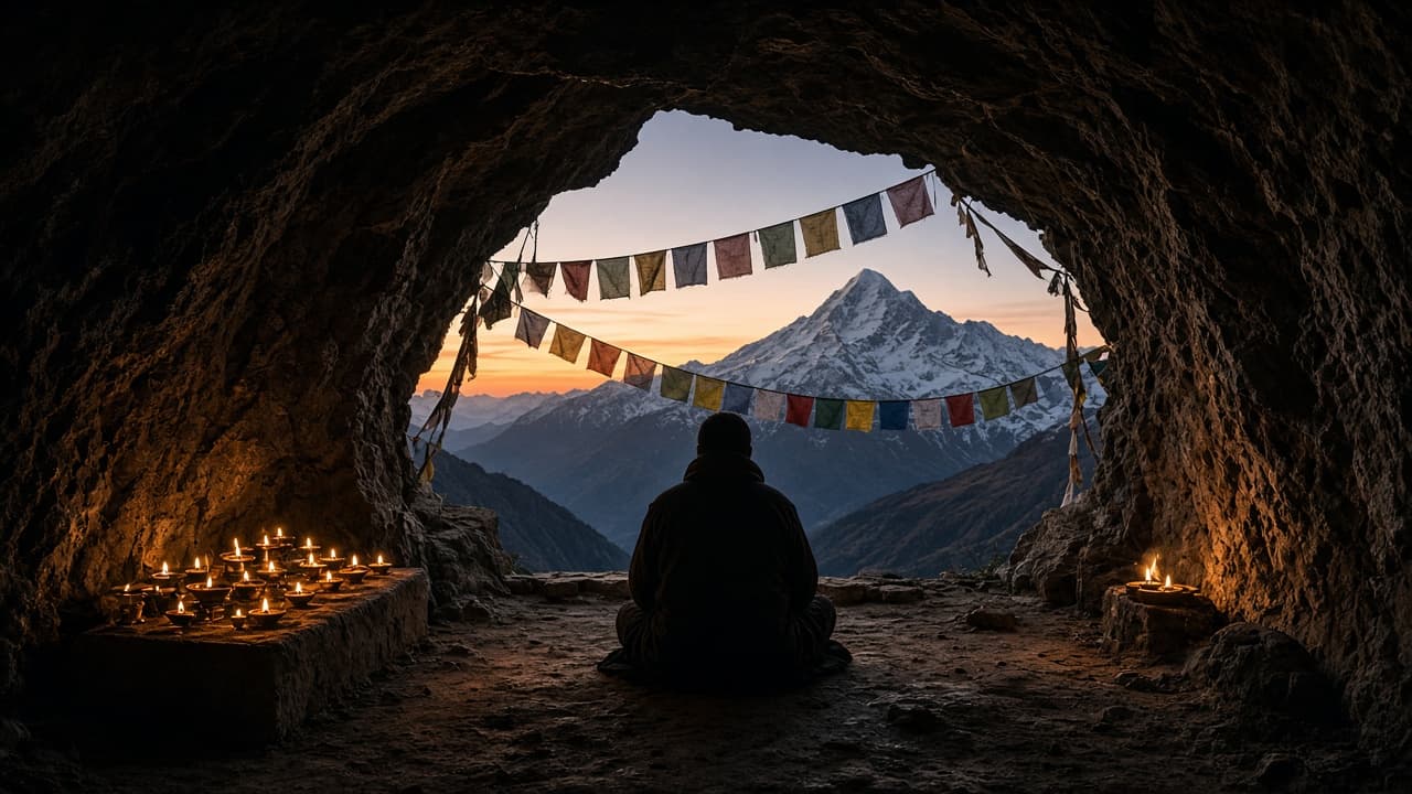 A meditator in a Himalayan cave facing the mountains