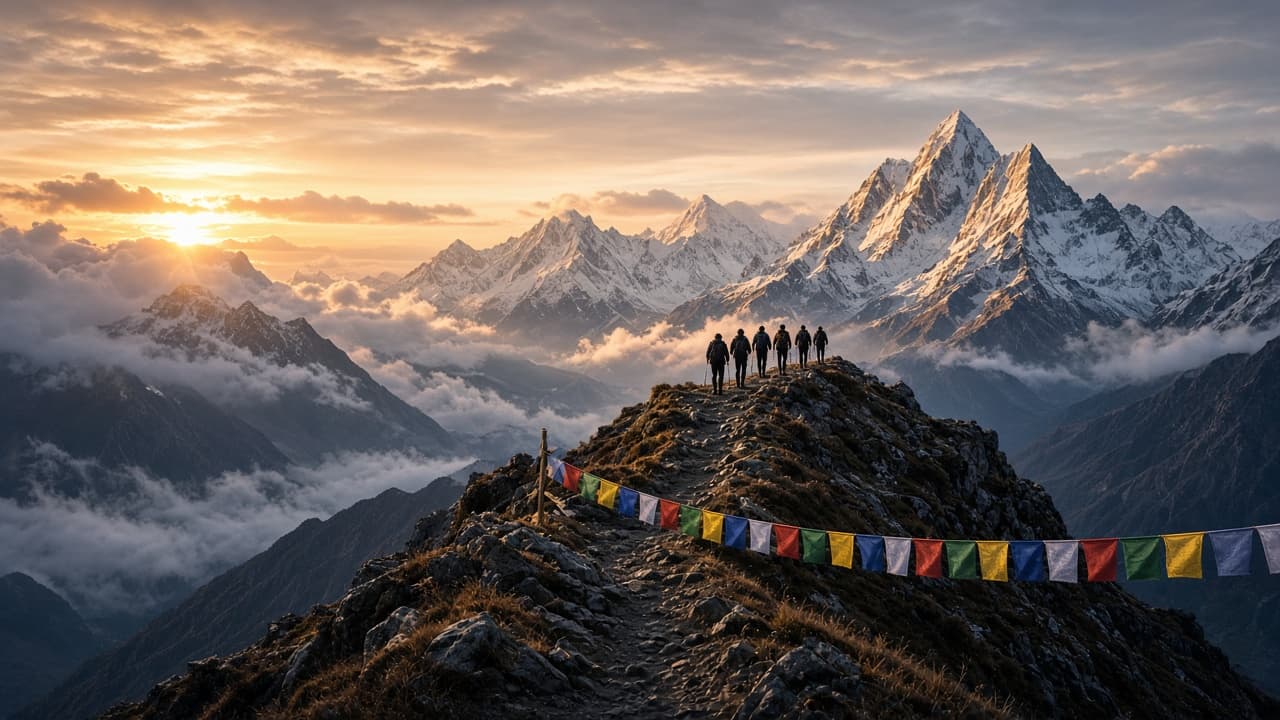 Trekkers on a Himalayan ridge with prayer flags at sunrise