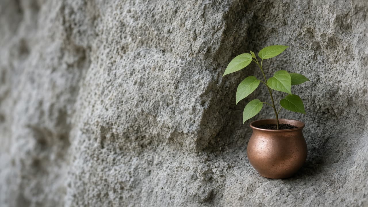 A young plant growing from a copper pot on stone