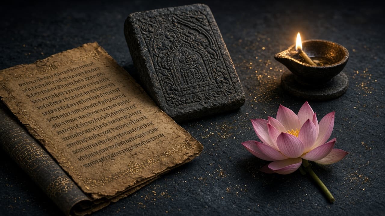 An ancient manuscript, oil lamp and lotus — the Janaaism school of philosophy