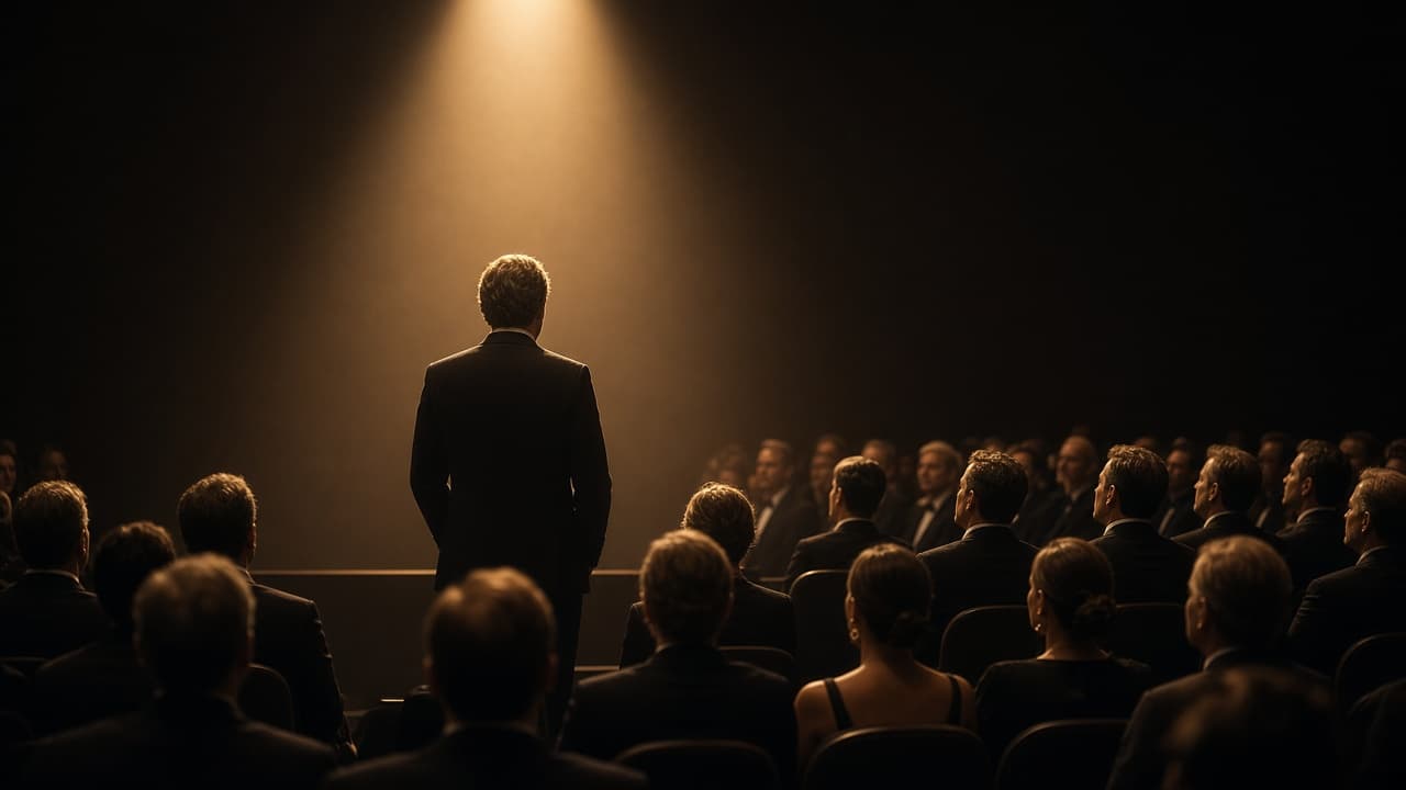 A speaker on a spotlit stage before an audience