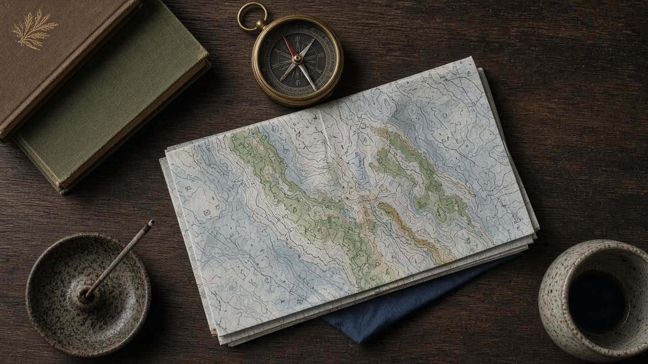 Map, compass and journal on a wooden desk