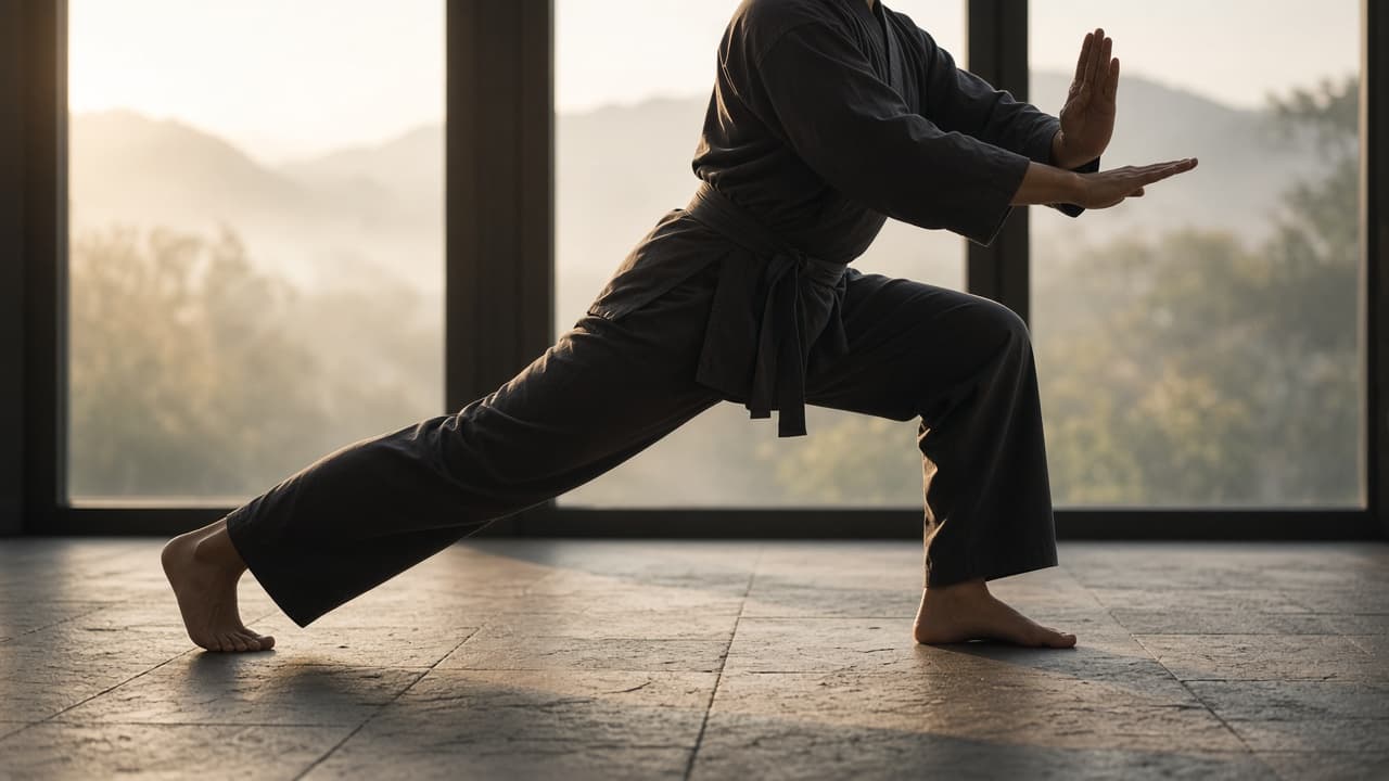 A practitioner in a deep Vajrapran stance at dawn