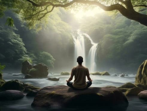Meditating beside a forest waterfall