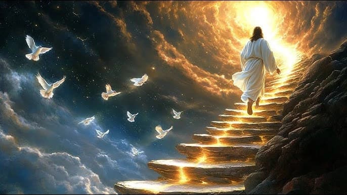 A luminous path of ascent with doves