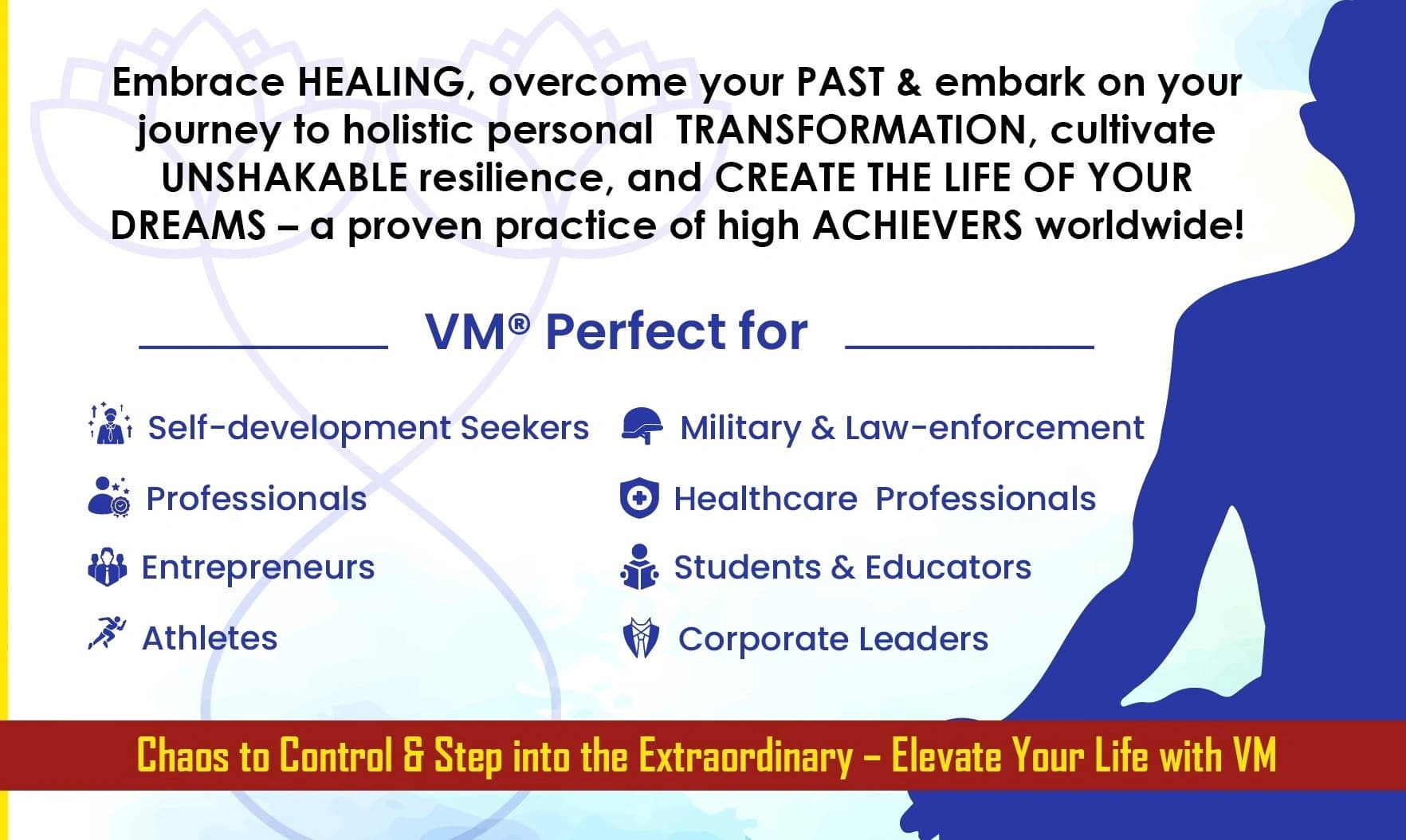 VM is perfect for self-development seekers, professionals, entrepreneurs, athletes, military, healthcare, students and corporate leaders